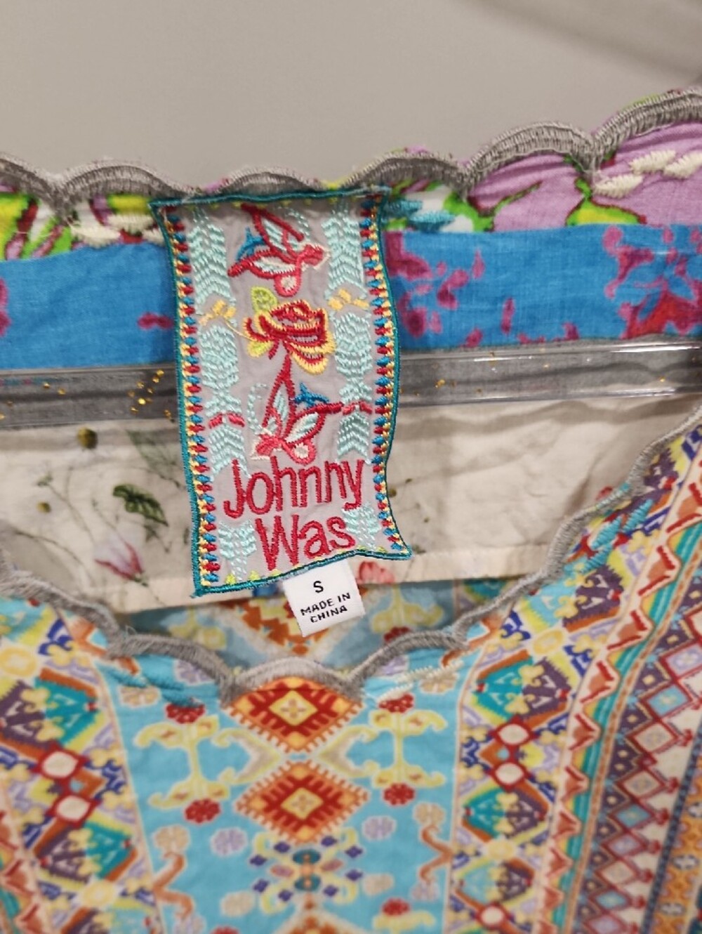 Johnny Was Cream, Blue & Purple Printed Long Sleeve Boho Top - Picture 2 of 7